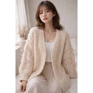Snidel Fuzzy Cable Knit Open Cardigan Sweater Cream Textured Boho One Size